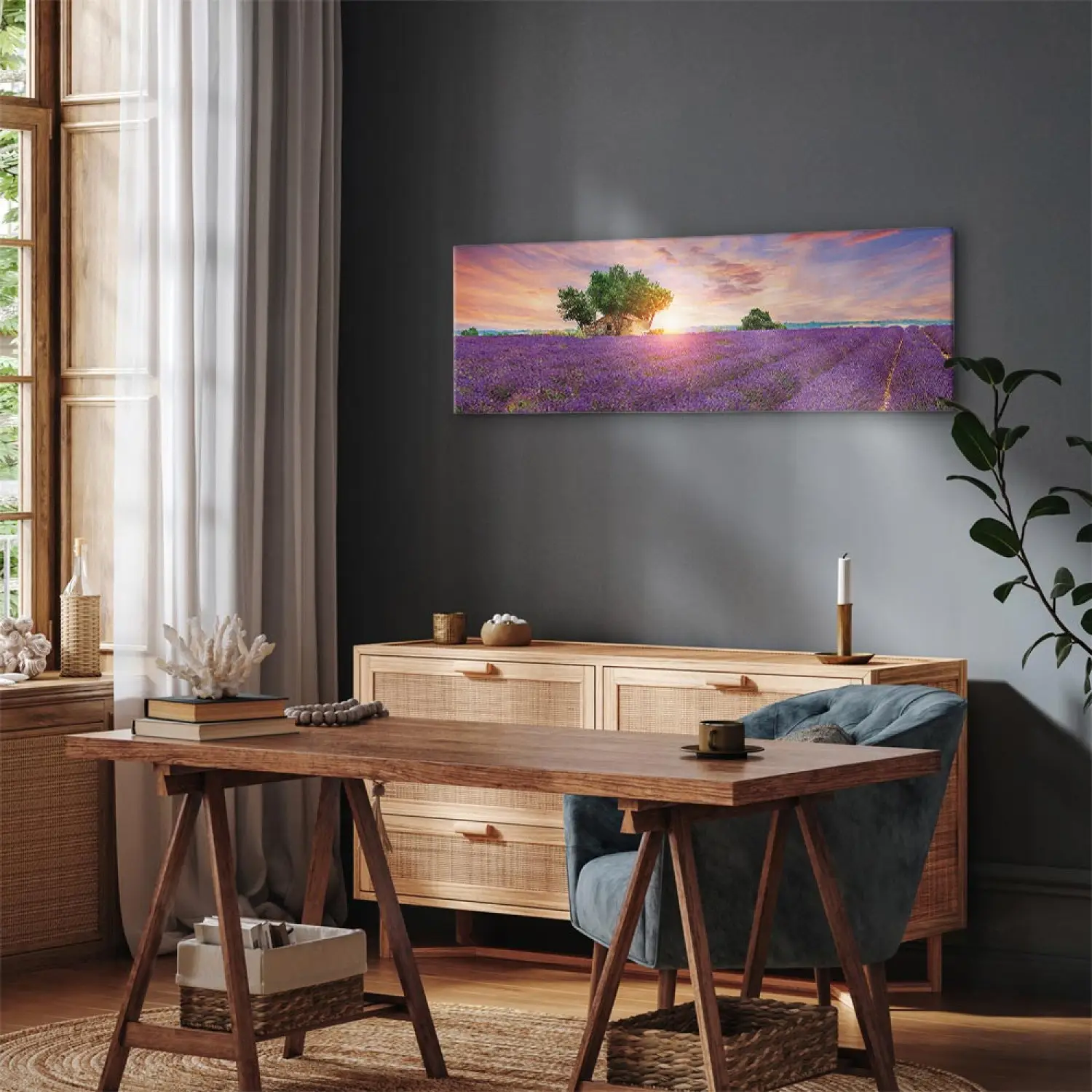Quadro In Vetro Panorama Pixxprint - Lavanda In Provenza Con Albero 100x40 Cm, Vero Vetro Con Distanziali, Made In Germany