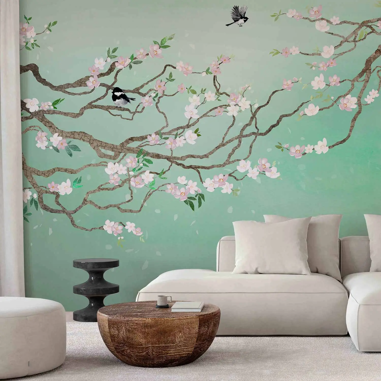 ArtKissMore Decorazione artistica da parete con fiori e uccellini, eleganti fiori bianchi che sbocciano sugli alberi, in legno, sfondo blu