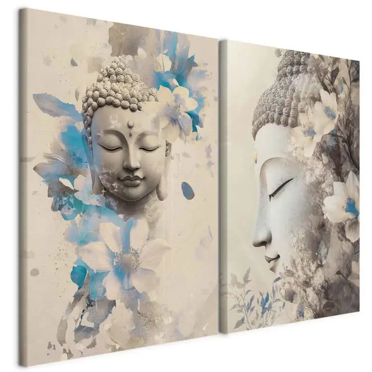 Buddha e fiori - tema Zen in tonalità seppia e azzurri leggeri
