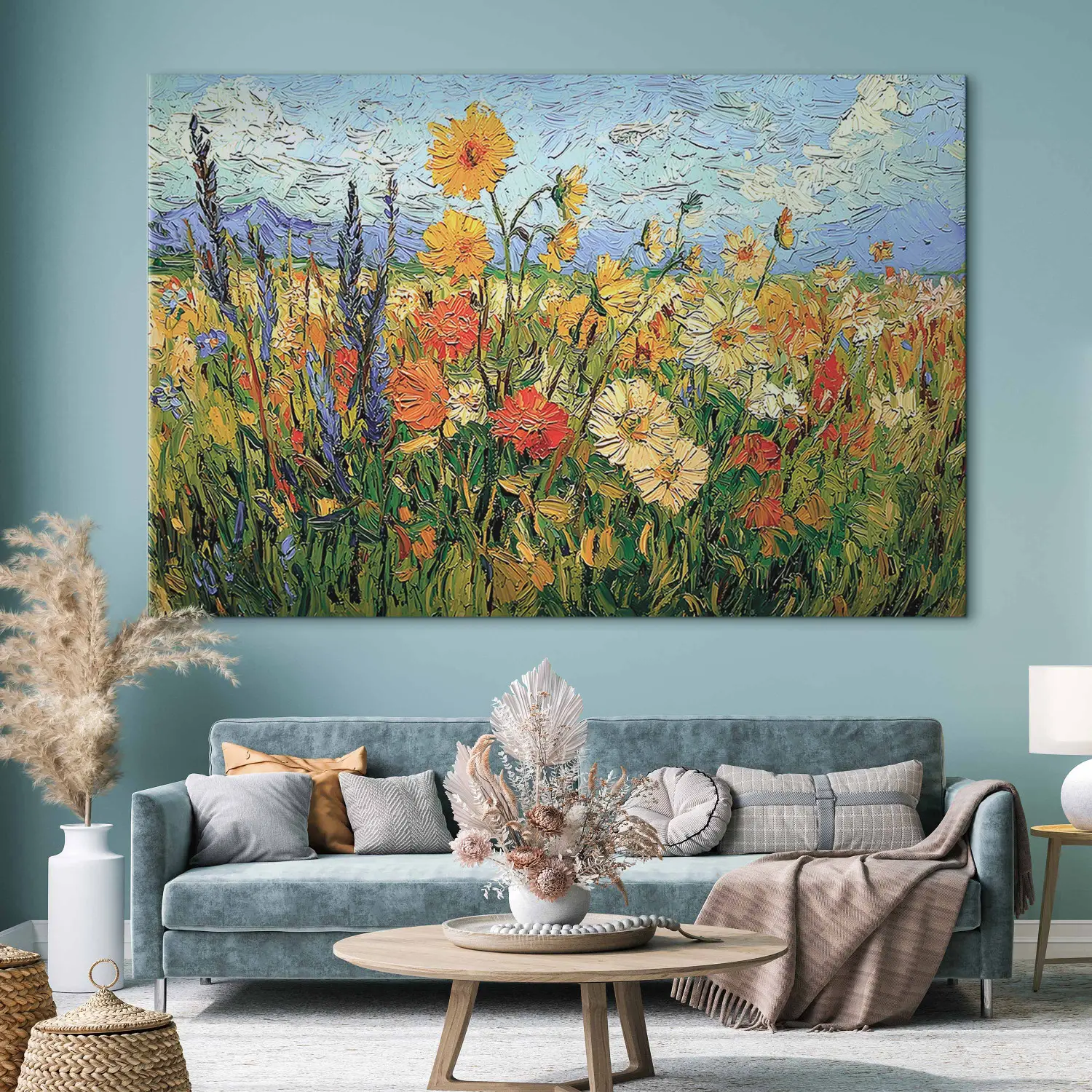 Quadro Su Tre Tele Dipinto A Mano Con Foresta Azzurra - Dipinti Moderni