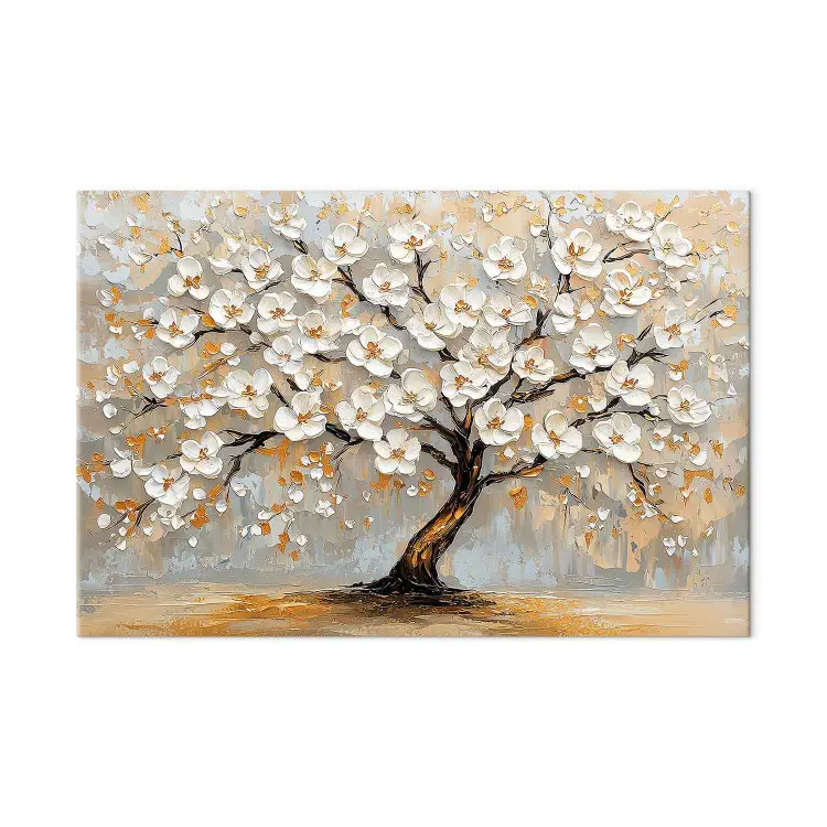 Ciliegio in fiore - albero ricoperto di fiori bianchi e foglie dorate