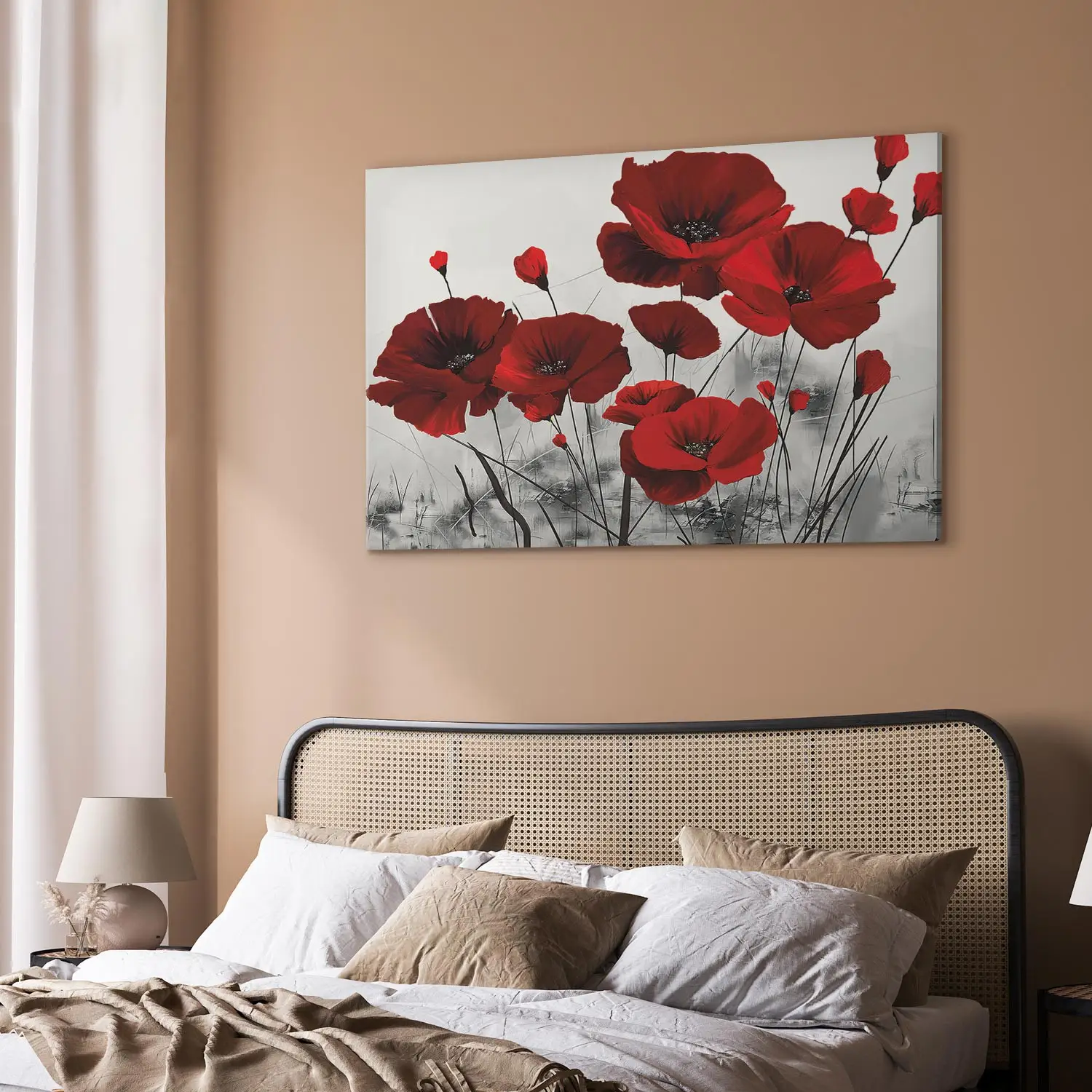 Quadro Deco Panel, Papaveri Rossi Dipinti Su Un Prato In Bianco E Nero 90x60 79074651