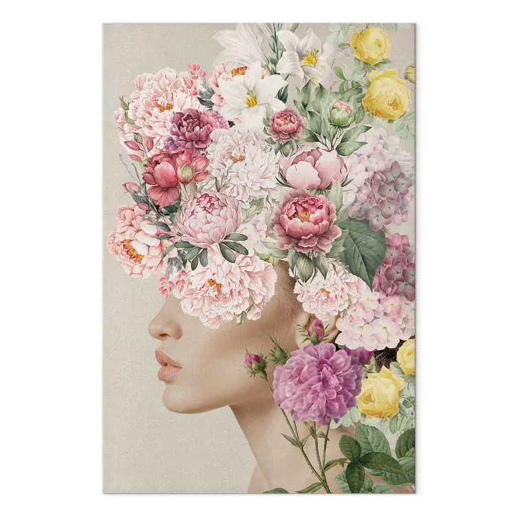 Con corona floreale - profilo delicato di donna tra rose e gigli
