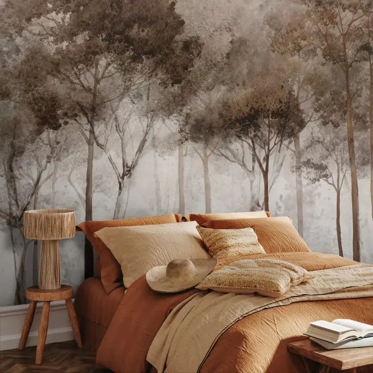Foresta seppia - un paesaggio pittorico di alberi nelle tonalità marroni della nebbia