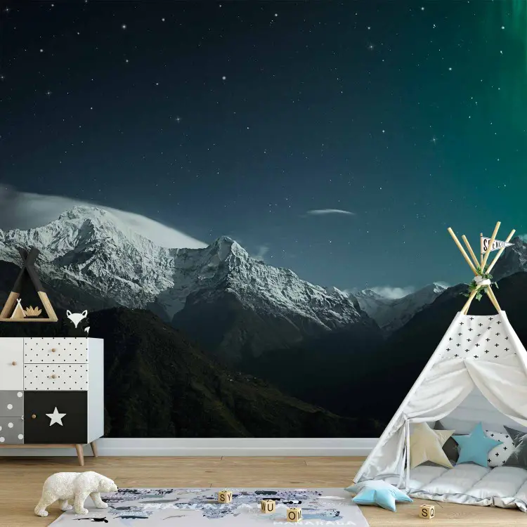 Carta da parati design Aurora boreale - paesaggio montano innevato di ...