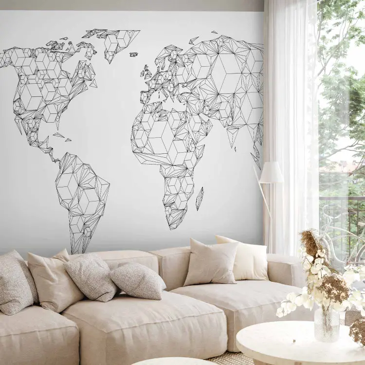 Mappa del mondo - forme geometriche dei continenti con contorni neri su sfondo bianco
