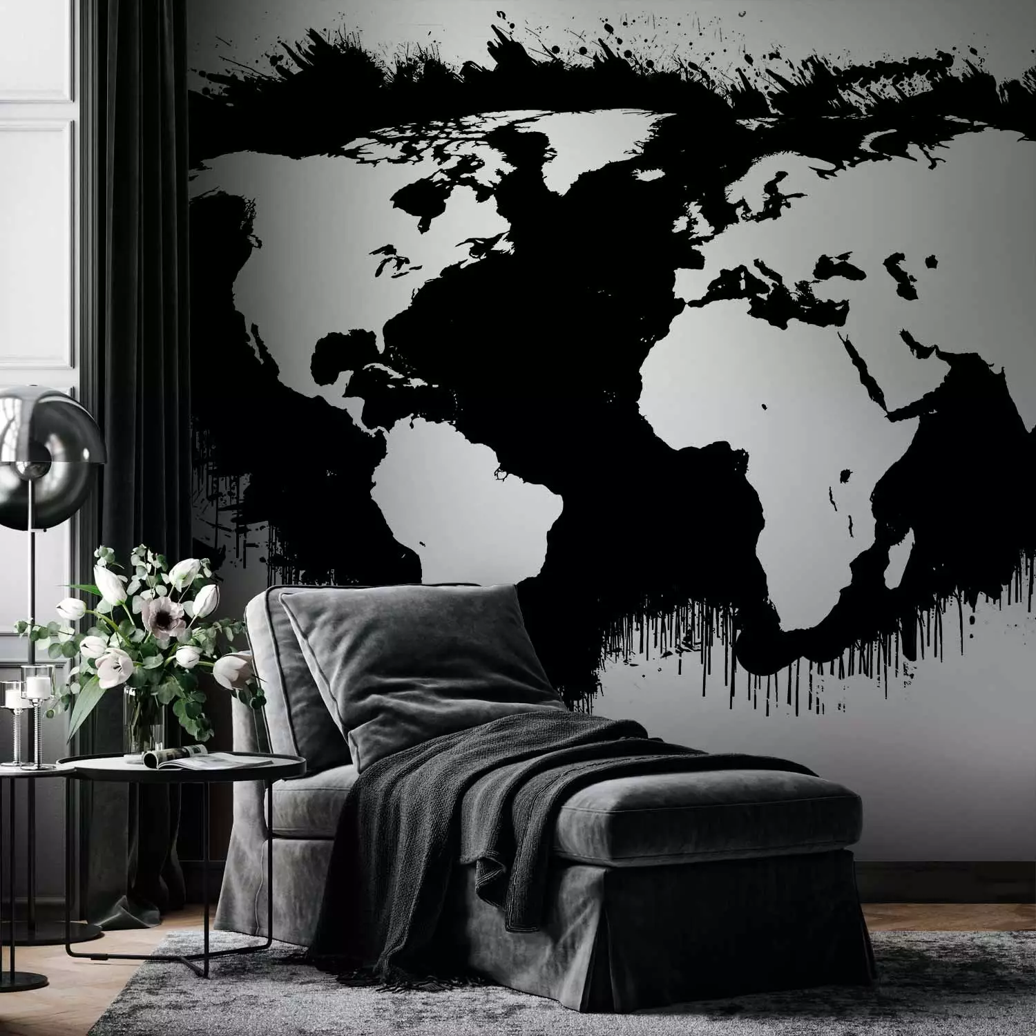 Carta da parati decorativa Mondo in bianco e nero mappa con
