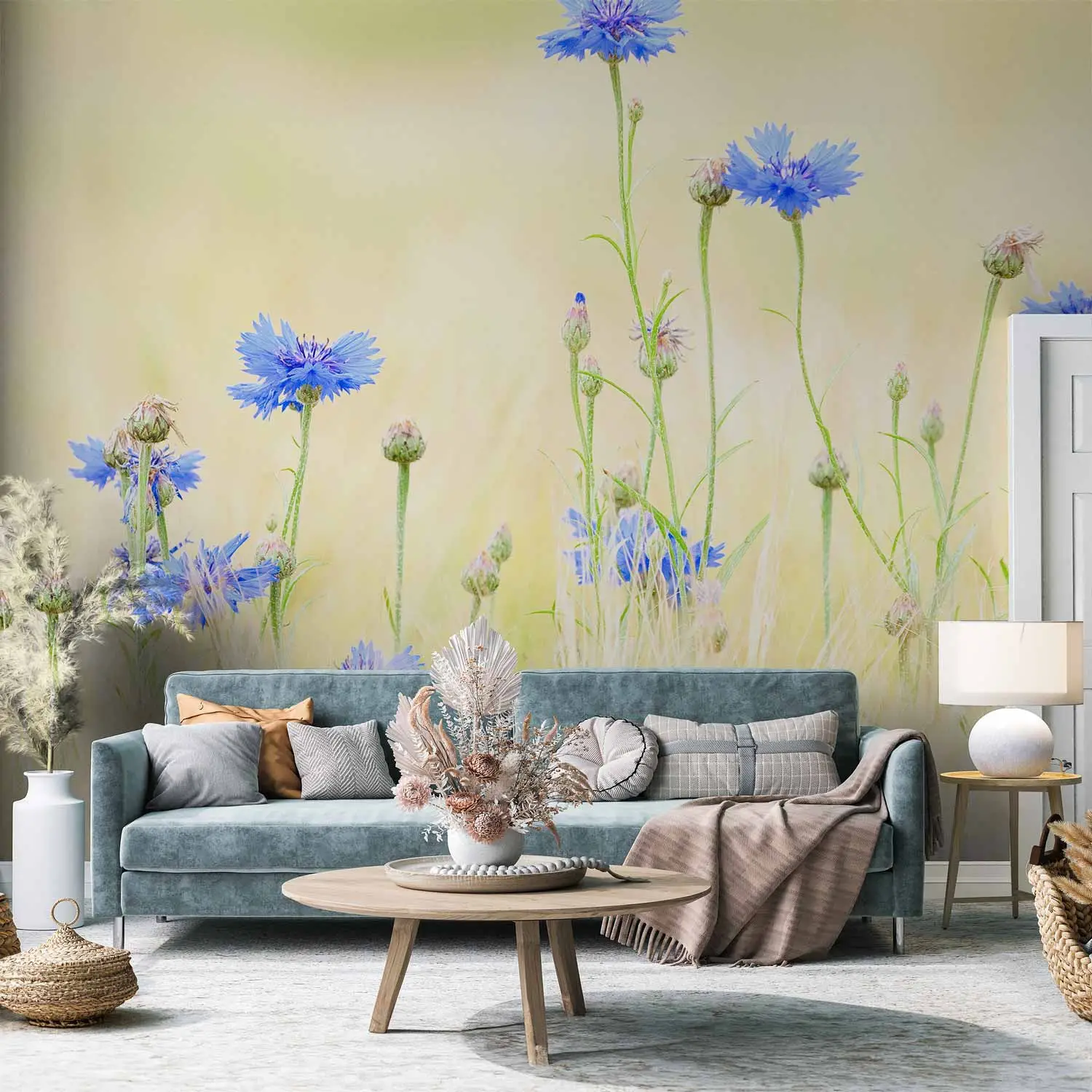 Stampa Su Tela Floreale Blu E Bianca - Quadro Moderno 50x70 Cm Con Fiori Su Sfondo Grigio, Decorazione Da Parete Per Soggiorno E Camera Da Letto - 4