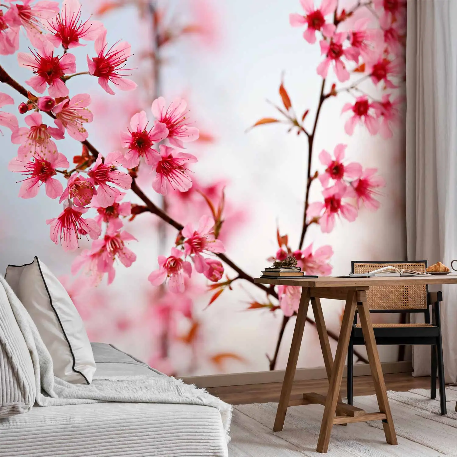 Adesivo Murale Fiori Blu E Uccelli Su Ramo – Sticker Decorativo In PVC Per Soggiorno, Camera E Pareti Lisce