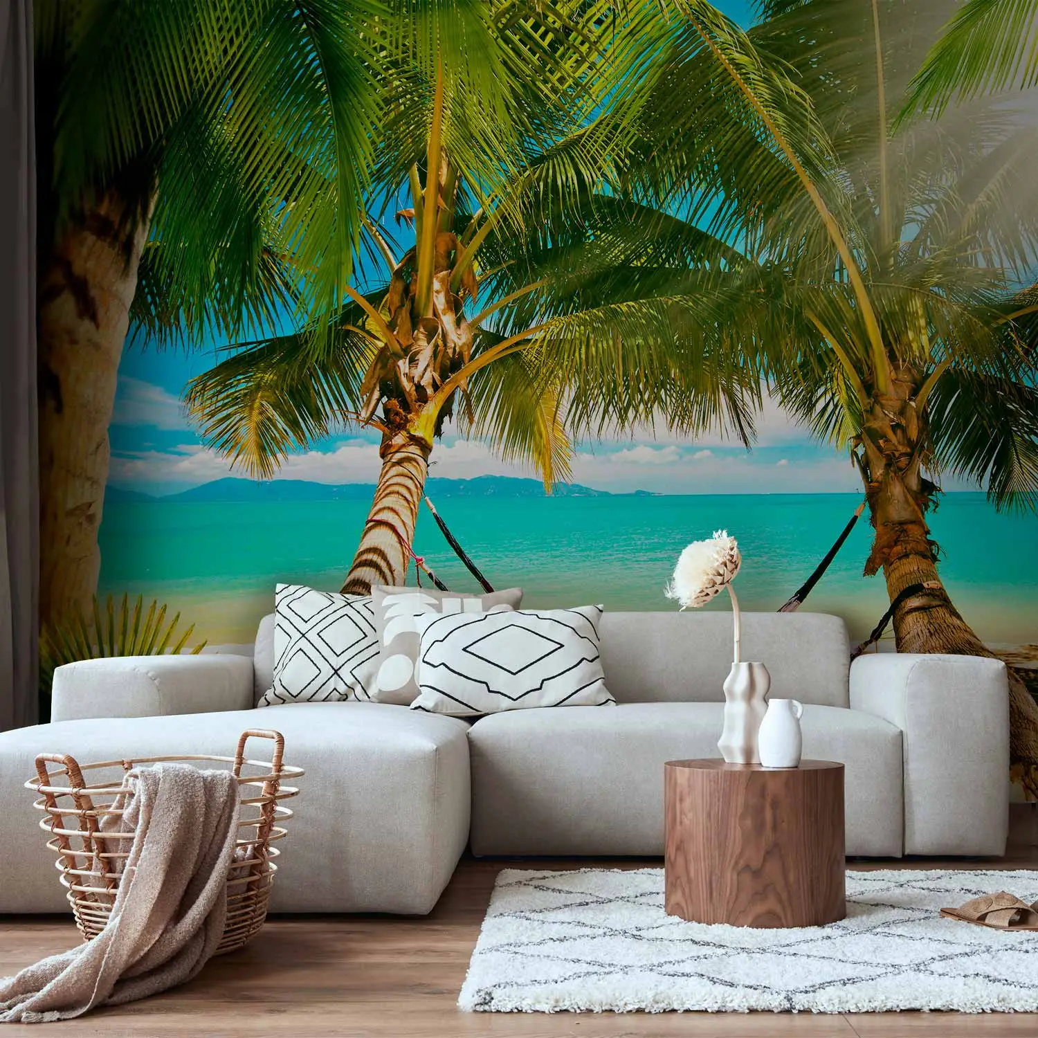 FENDROM Arazzo Panoramica Spiaggia Tropicale - Paesaggio Marino Con Palma E Alba, Decorazione Parete 150x190 Cm