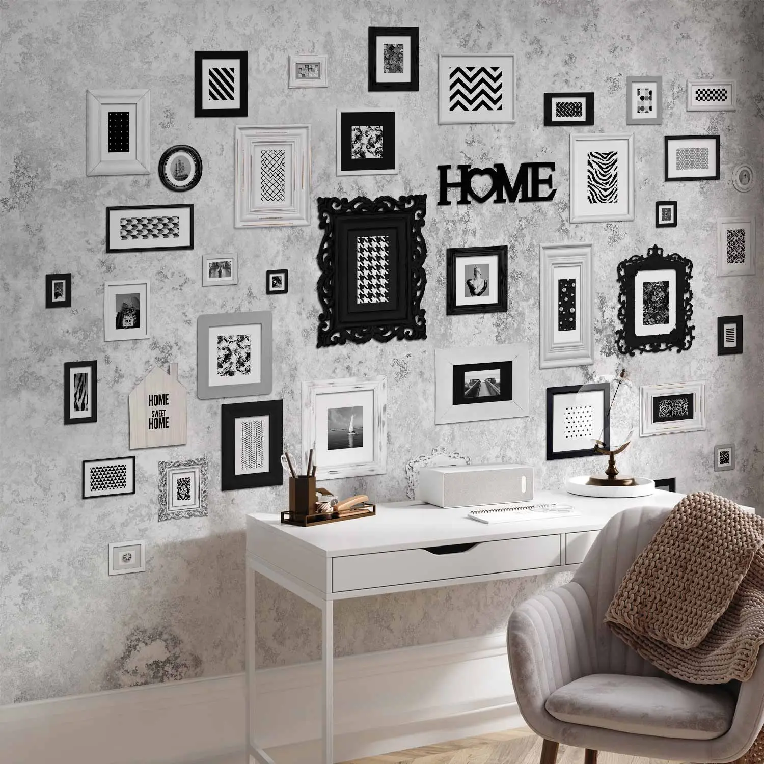 Quadro Astratto Floreale In Bianco E Nero, Set Da 3, 40,6x61 Cm Ciascuno, Arte Da Parete Per Soggiorno