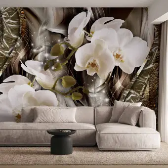 Quadro Su Tela Astratto Con Orchidea Bianca - Stampa Artistica 150x80 Cm, Pronta Da Appendere Per Soggiorno E Camera