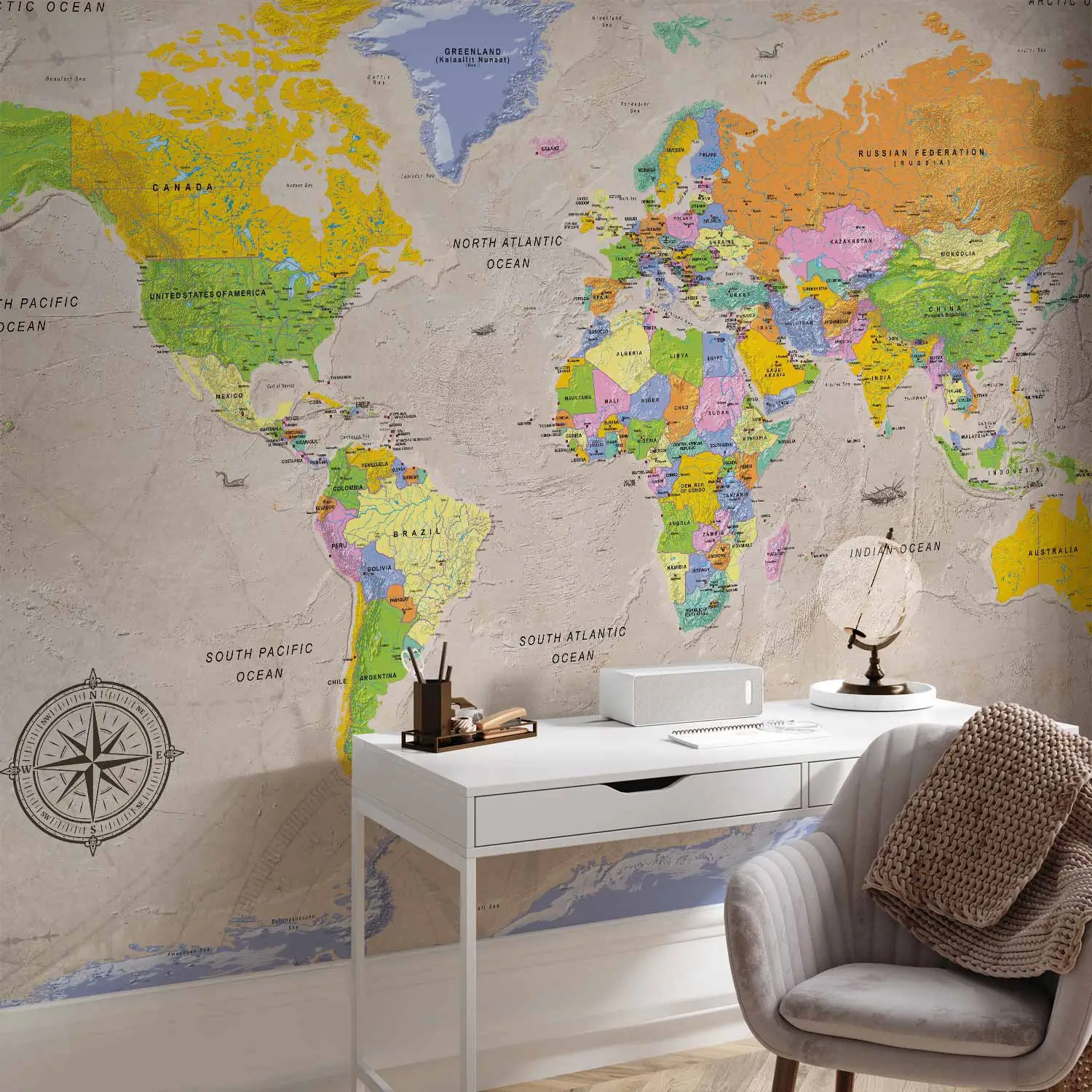 Mappa Del Mondo Mappa Del Mondo Dal Design Vintage, Pronta Per Il Vinile Dal Design Ornamentale Con Scritte In Inglese 66392342
