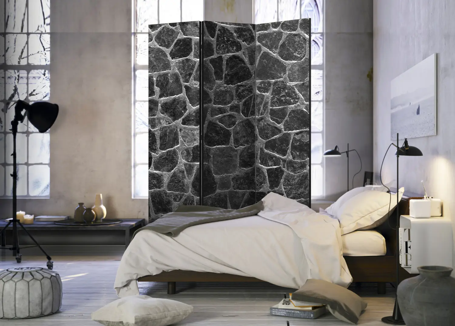 ORIENTAL Furniture Divisorio In Tela Con Effetto Pietra Medievale - 1,8 M, Grigio - Paravento Pieghevole