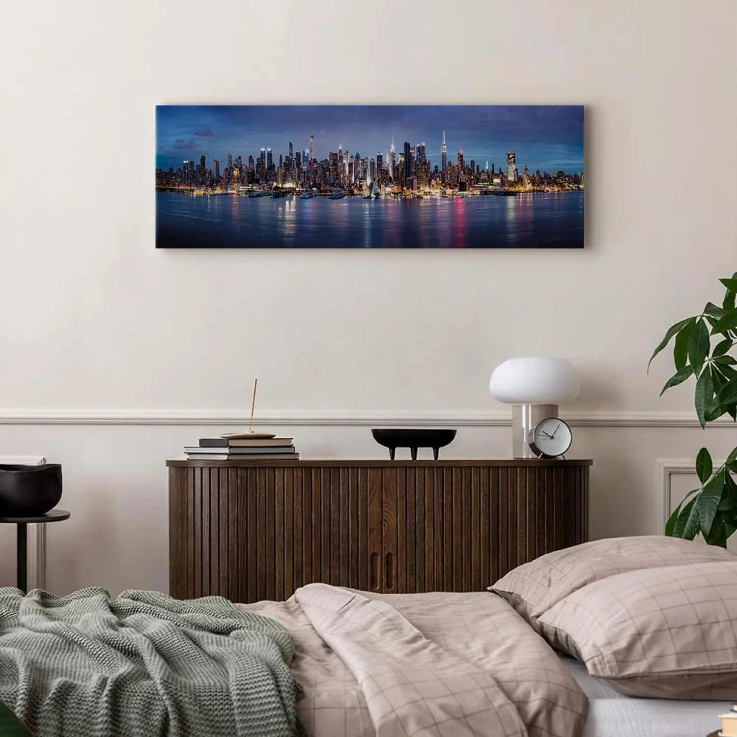 Quadro Canvas Manhattan Skyline New York Di Notte - Cornice In Pino Massello, Pronto Da Appendere