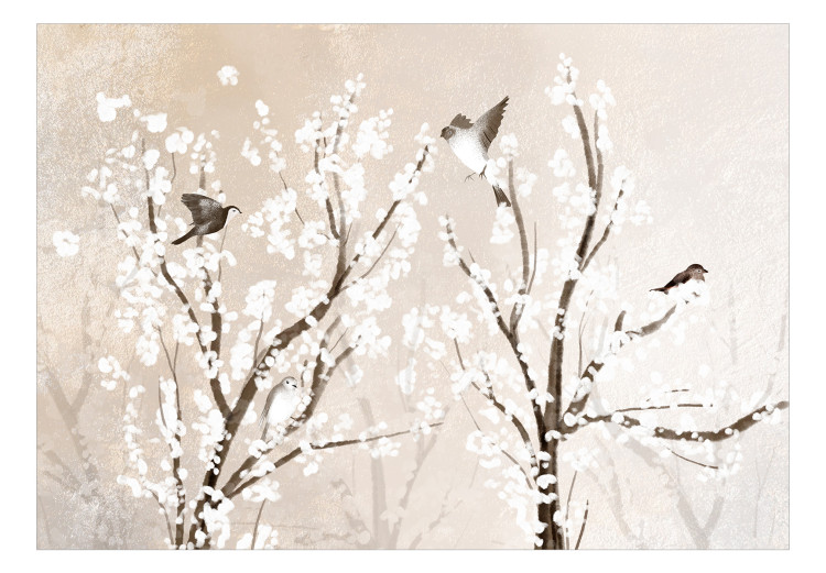 Carta da parati moderna Alberi con fiori bianchi - uccelli su rami su sfondo beige 144580 additionalImage 1