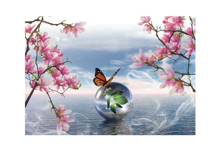 Carta da parati Fantasia con farfalla - farfalla su sfera su sfondo di mare e magnolia 61301 additionalImage 1