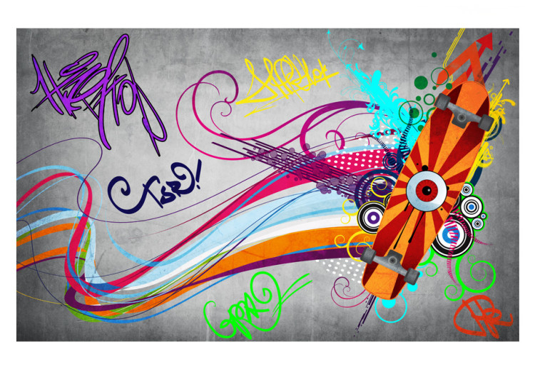 Carta da parati Skateboard - street art con striscia colorata su sfondo grigio 60561 additionalImage 1