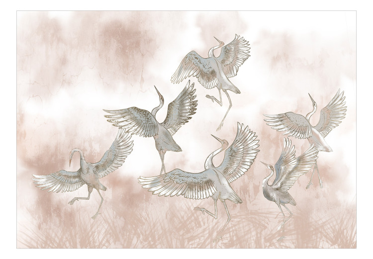 Carta da parati moderna Aironi danzanti - disegno rappresentante uccelli in posa dinamica su uno sfondo astratto in tonalità del rosa cipria 138402 additionalImage 1
