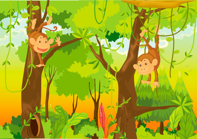 Carta da parati moderna Mondo fatato - giungla con scimmie che si arrampicano tra gli alberi 61202