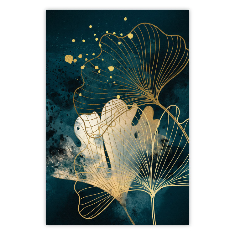 Poster murale Nature in Abstraction - Golden Ginkgo Leaves and Turquoise Watercolors 145103