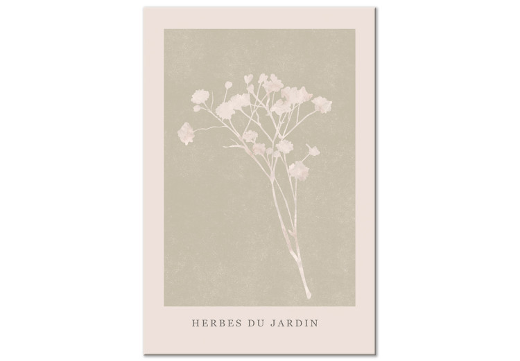 Quadro su tela Erbe in giardino - un ramo luminoso su sfondo beige e scritta francese 136513