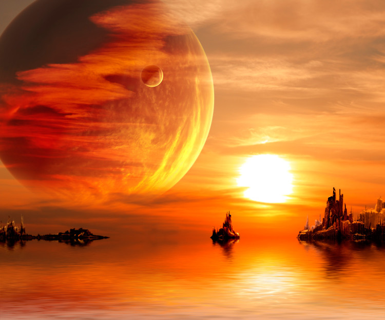 Carta da parati moderna Fantasia di spazio con pianeti - panorama di un tramonto sull'acqua 60164