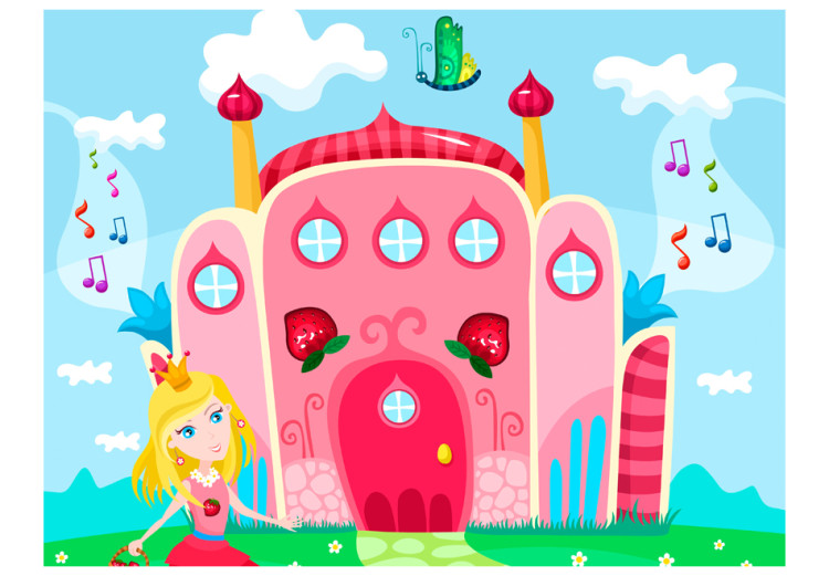 Carta da parati moderna Fantasia - castello rosa con principessa, note musicali e farfalle 61215 additionalImage 1