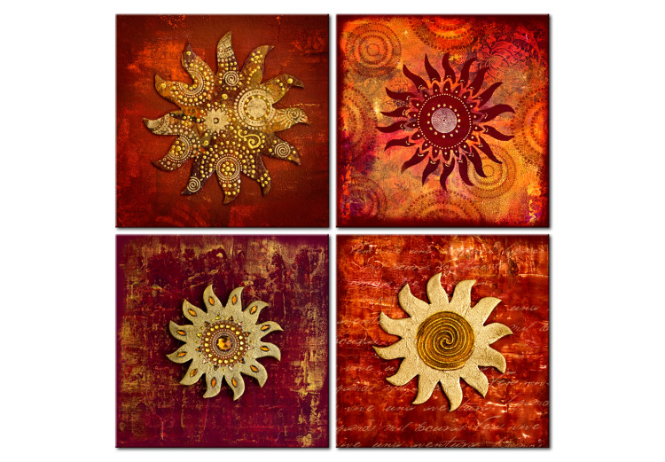 Quadro moderno Volto del sole (4 pezzi) - collage di ornamenti dorati e rossi 97535
