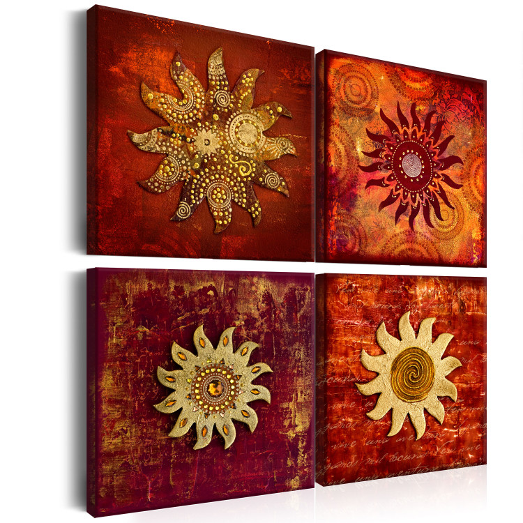 Quadro moderno Volto del sole (4 pezzi) - collage di ornamenti dorati e rossi 97535 additionalImage 2