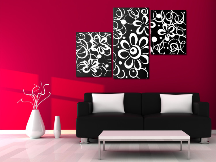 Quadro su tela Vegetazione in bianco e nero (3 parti) - motivo floreale con disegni 46826 additionalImage 2