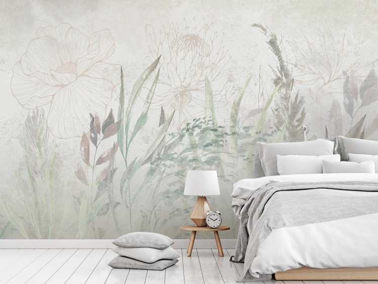 Carta da parati Boho-Style Garden - Airy Flowers and Grasses in Grays and Greens 144696
