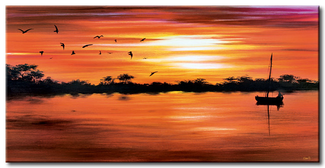 Stampa su tela Una barca solitaria al tramonto - Alba e tramonto - Paesaggi  - Quadri
