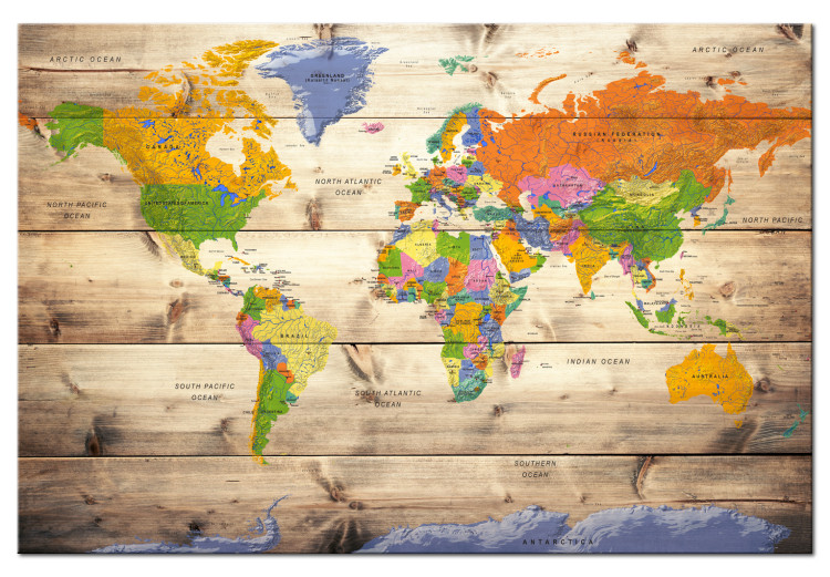 Quadro Mappa dei continenti colorati (1 pezzo) - mondo su sfondo di legno - Mappe  del mondo - Quadri