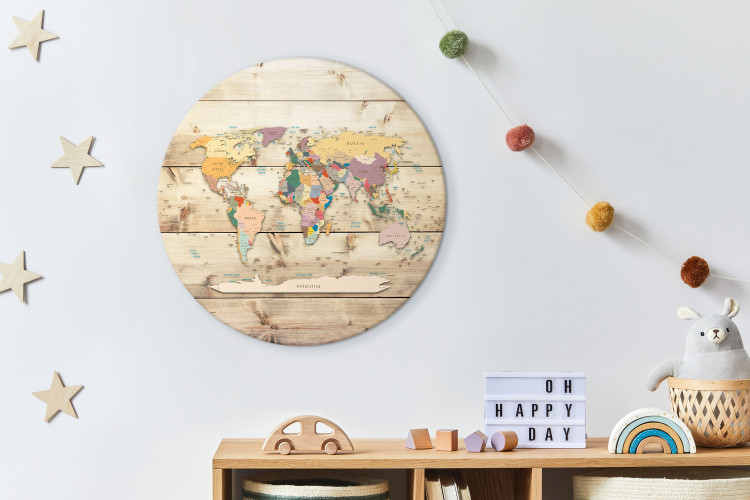 Quadro rotondo World Map - Colorful Continents on a Background of Wooden Planks 148727 additionalImage 3