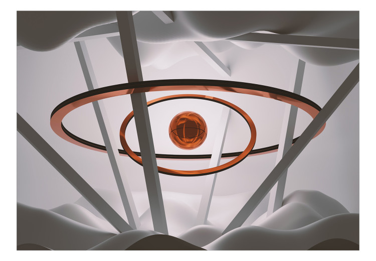 Carta da parati moderna Cinture e cerchi di consapevolezza - astrazione geometrica 3D modernista con una sfera su uno sfondo nei toni del grigio e del rame 134637 additionalImage 1
