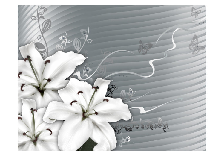 Carta da parati moderna Distanza - Gigli bianchi su sfondo astratto con farfalle e strisce 96647 additionalImage 1