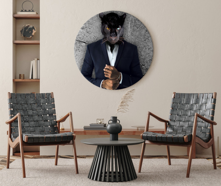 Quadro rotondo Black Panther - Beautiful Cat in a Black Suit on a Gray Background 148767 additionalImage 4