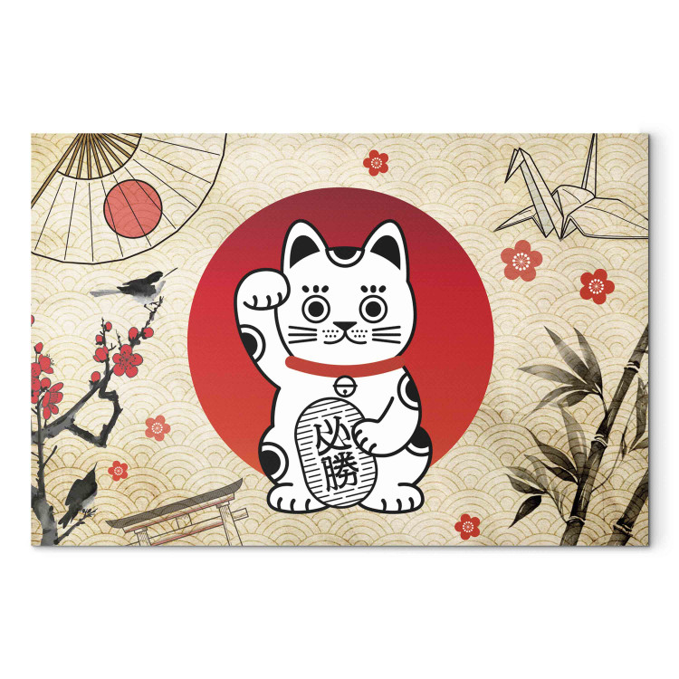 Foto su tela Maneki-Neko - Asian Cat With a Nodding Paw Against a  Background of Japanese Symbols - Gatti - Animali - Quadri