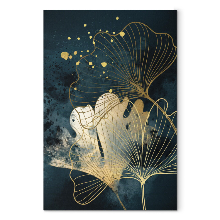 Quadro su tela Nature in Abstraction - Golden Ginkgo Leaves on Turquoise Watercolors 145097
