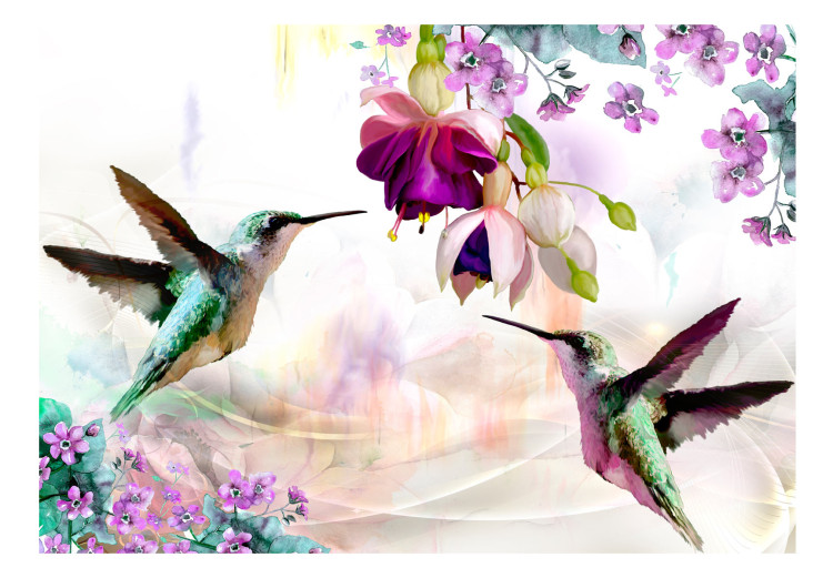 Carta da parati moderna Colibrì - uccelli su sfondo di fiori colorati in toni viola e rosa 106708 additionalImage 1