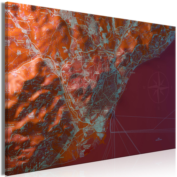 Quadro contemporaneo Mappa di Barcellona - Foto di un piano città su uno sfondo rosso 131628 additionalImage 2