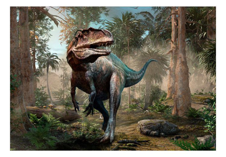 Carta da parati moderna Tirannosauro a caccia - dinosauro nella giungla con alberi per bambini 142748 additionalImage 1