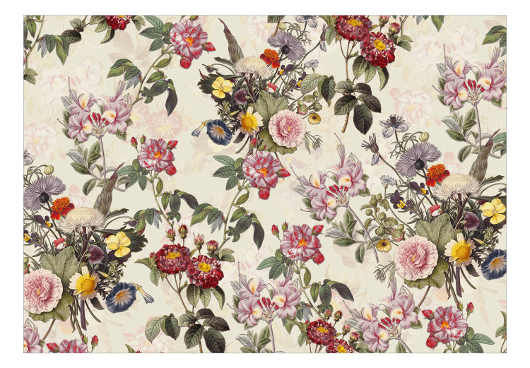 Carta da parati moderna Natura in fiore - colorati fiori in stile vintage su sfondo beige 136309 additionalImage 1