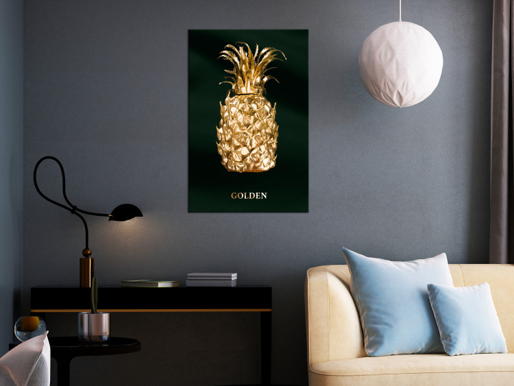 Quadro su tela Ananas dall'oro - frutta con scritta sullo sfondo di verde  bottiglia - Frutta - Natura morta - Quadri