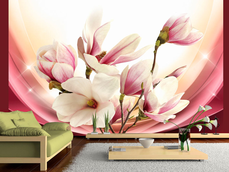 Carta da parati moderna Magnolia rosa sotto la luce - composizione di piante con fiori 63889